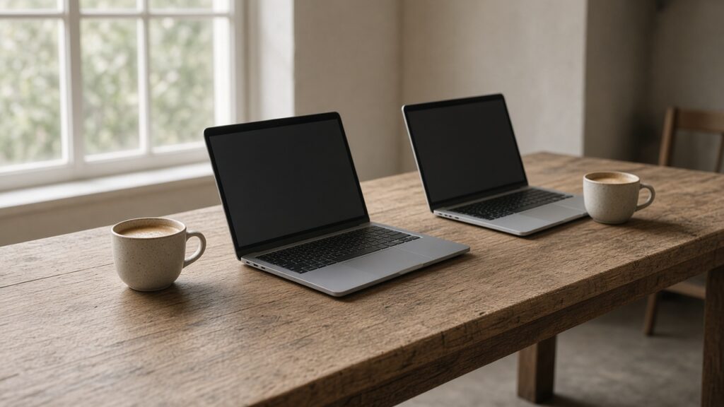 Two laptops and two coffee cups on a wooden table by a window
