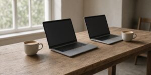 Two laptops and two coffee cups on a wooden table by a window