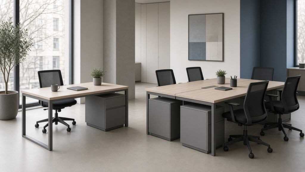 Two office desk areas with black mesh chairs, a plant and a blue accent wall