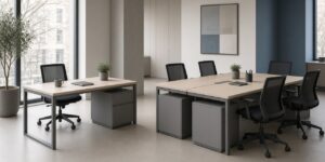 Two office desk areas with black mesh chairs, a plant and a blue accent wall