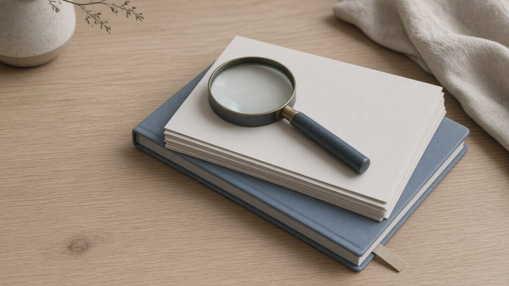 A magnifying glass resting on a stack of paper and a blue notebook on a wooden desk