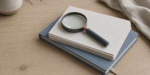 A magnifying glass resting on a stack of paper and a blue notebook on a wooden desk