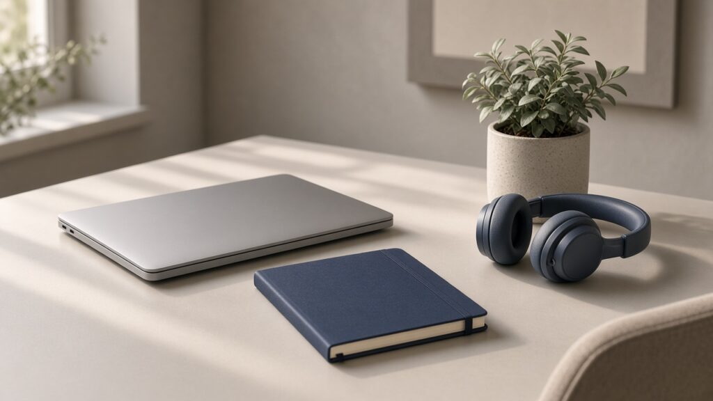 A closed laptop, a navy notebook and headphones on a desk beside a potted plant