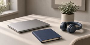 A closed laptop, a navy notebook and headphones on a desk beside a potted plant