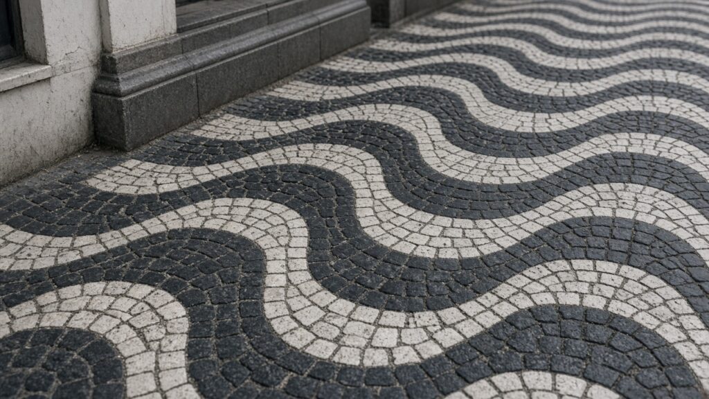 Wavy black and white cobblestone pavement in a traditional Portuguese pattern