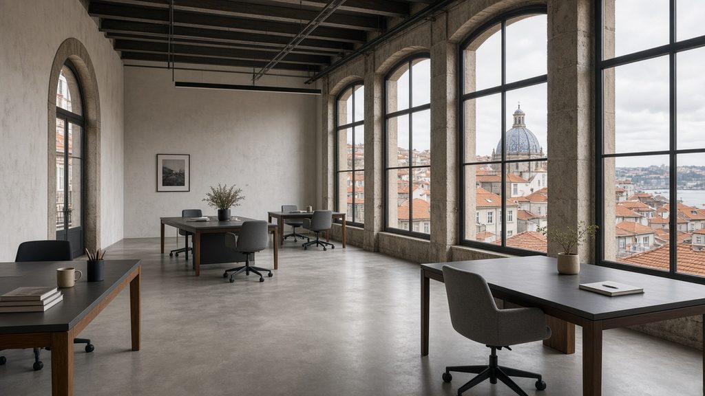 Bright open-plan office with large arched windows overlooking Portuguese rooftops