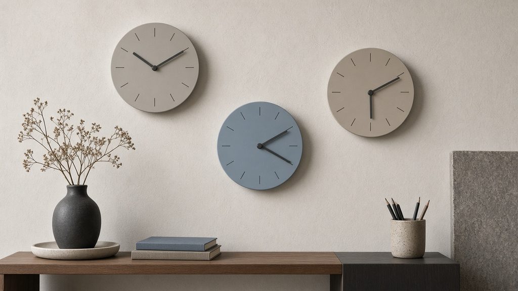 Three wall clocks showing different times beside a vase and a stack of books