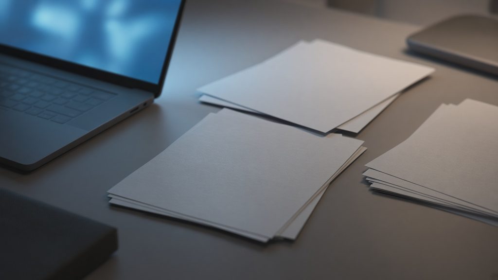 Sheets of blank paper on a desk next to a laptop