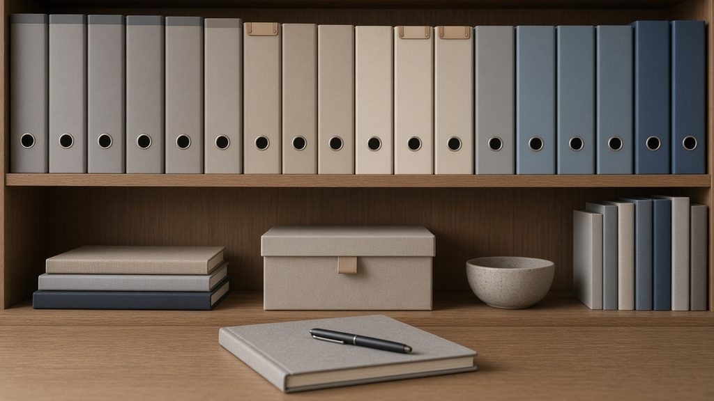 Neatly arranged binders and books on a wooden shelf
