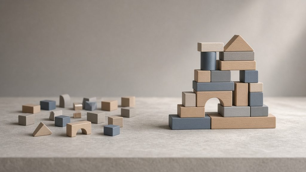 Scattered wooden blocks on the left and a stable block tower on the right