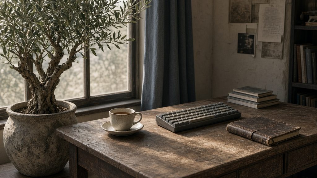 Olive tree in a pot beside a window, with a coffee cup and keyboard on a wooden desk