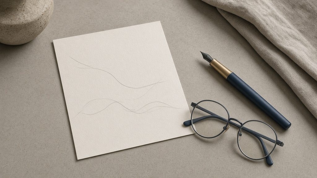 Blank sheet of paper with a fountain pen and round glasses on a table