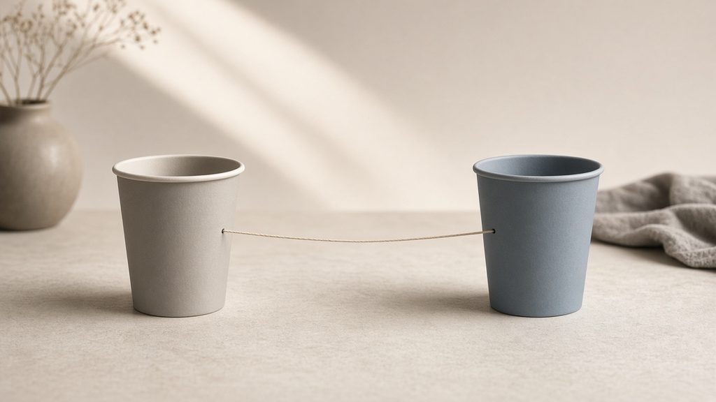 Two paper cups connected by a string