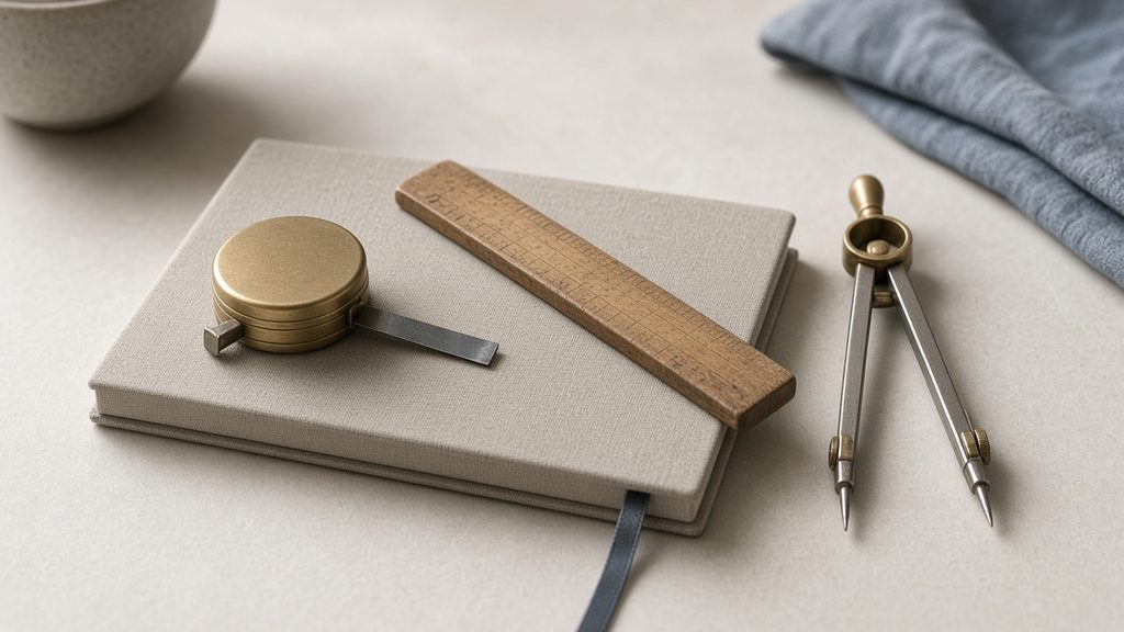 Notebook with a brass compass, ruler and measuring tools on a desk
