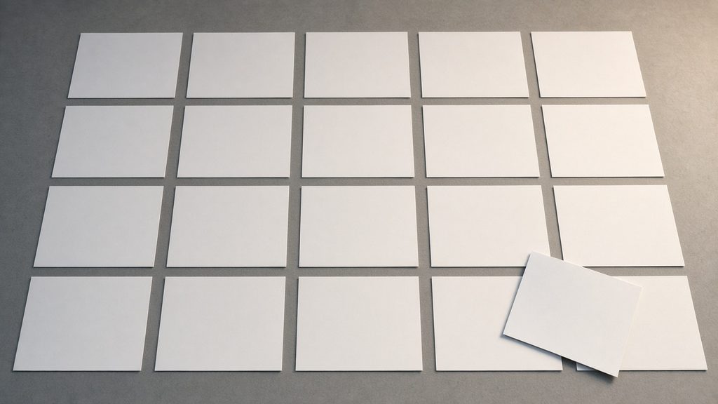 Grid of blank white cards laid out on a grey surface