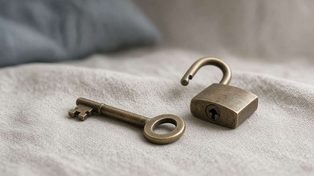 An open padlock and a brass key on a fabric surface