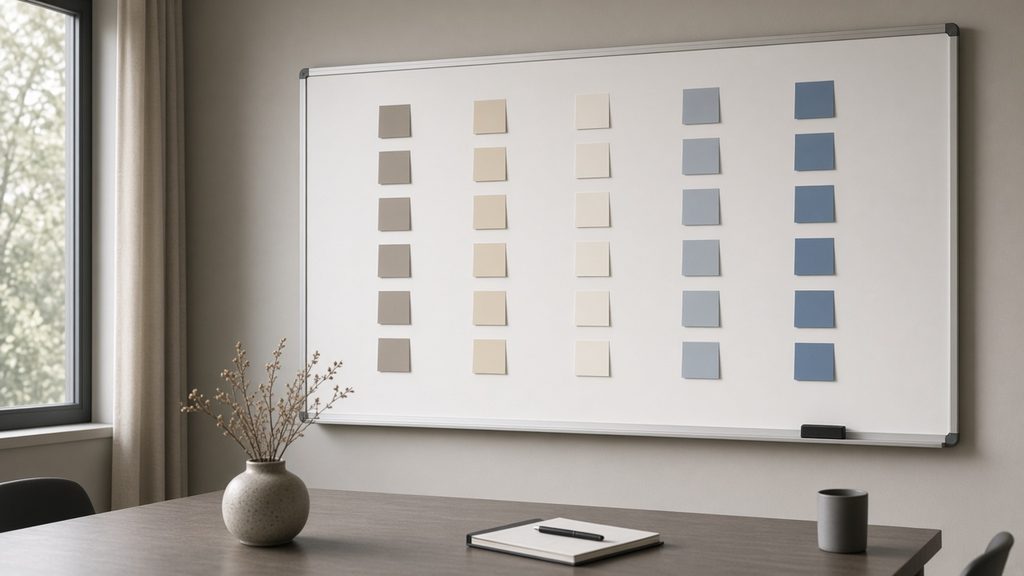 Whiteboard with a grid of coloured sticky notes in a bright office