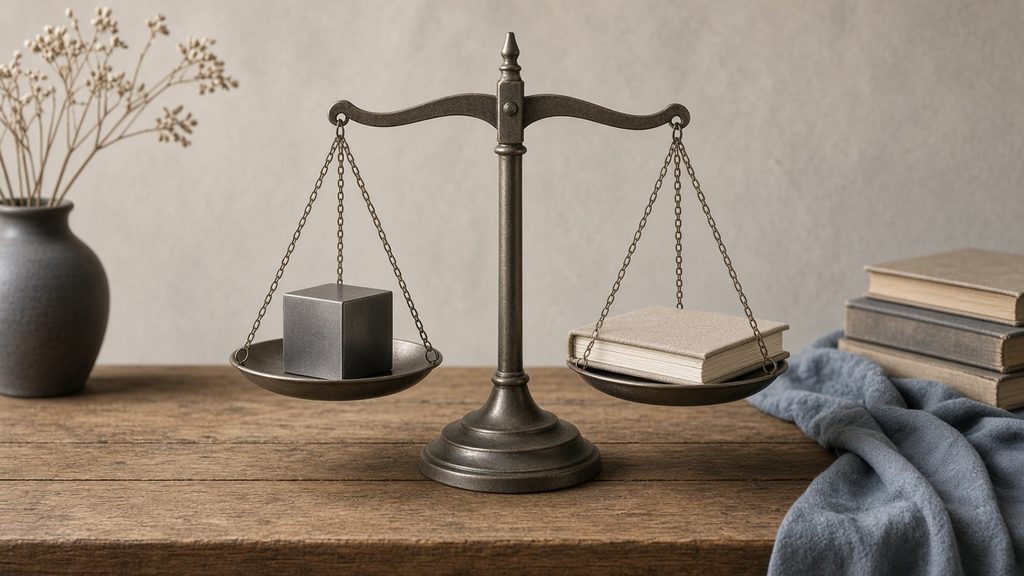 Brass balance scale on a wooden desk beside a stack of books