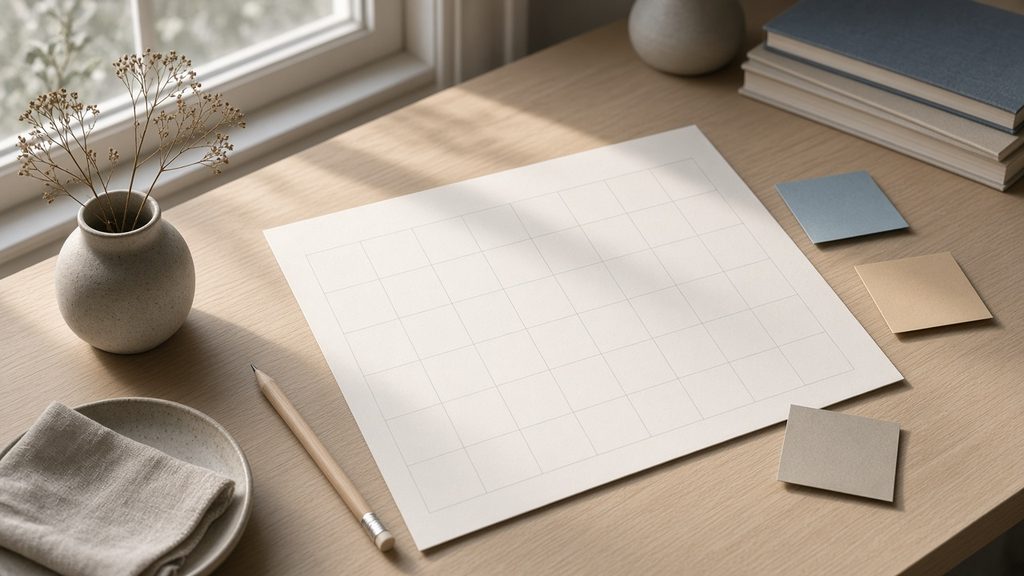Blank planning sheet with sticky notes and a pencil on a wooden desk