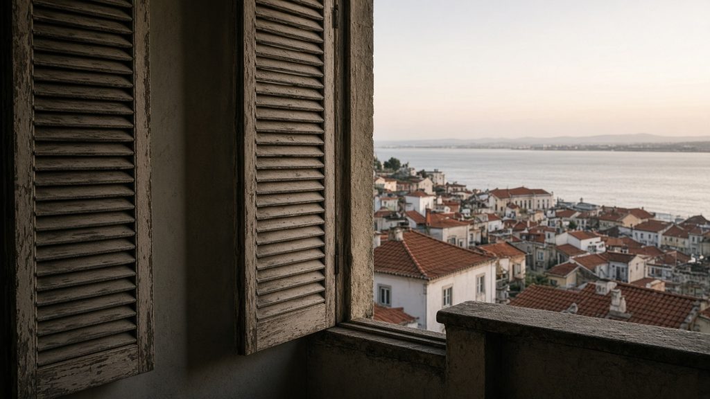 View over Lisbon rooftops and the sea through open wooden window shutters